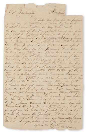 (SLAVERY AND ABOLITION---MOUNT VERNON.) GOLDING, THOMAS. Letter addressed to “Col. Washington. . . yours in haste.”